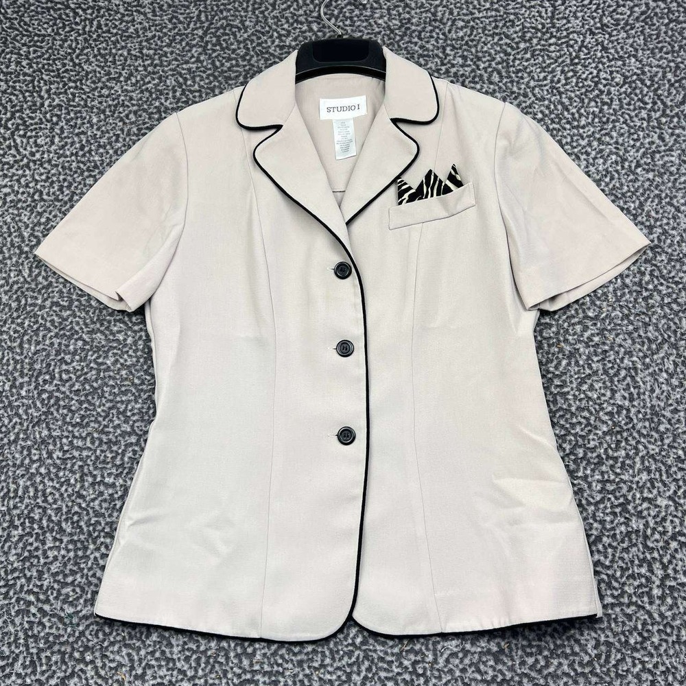 Studio I Blazer Jacket Women 8 Beige Short Sleeve Button Up